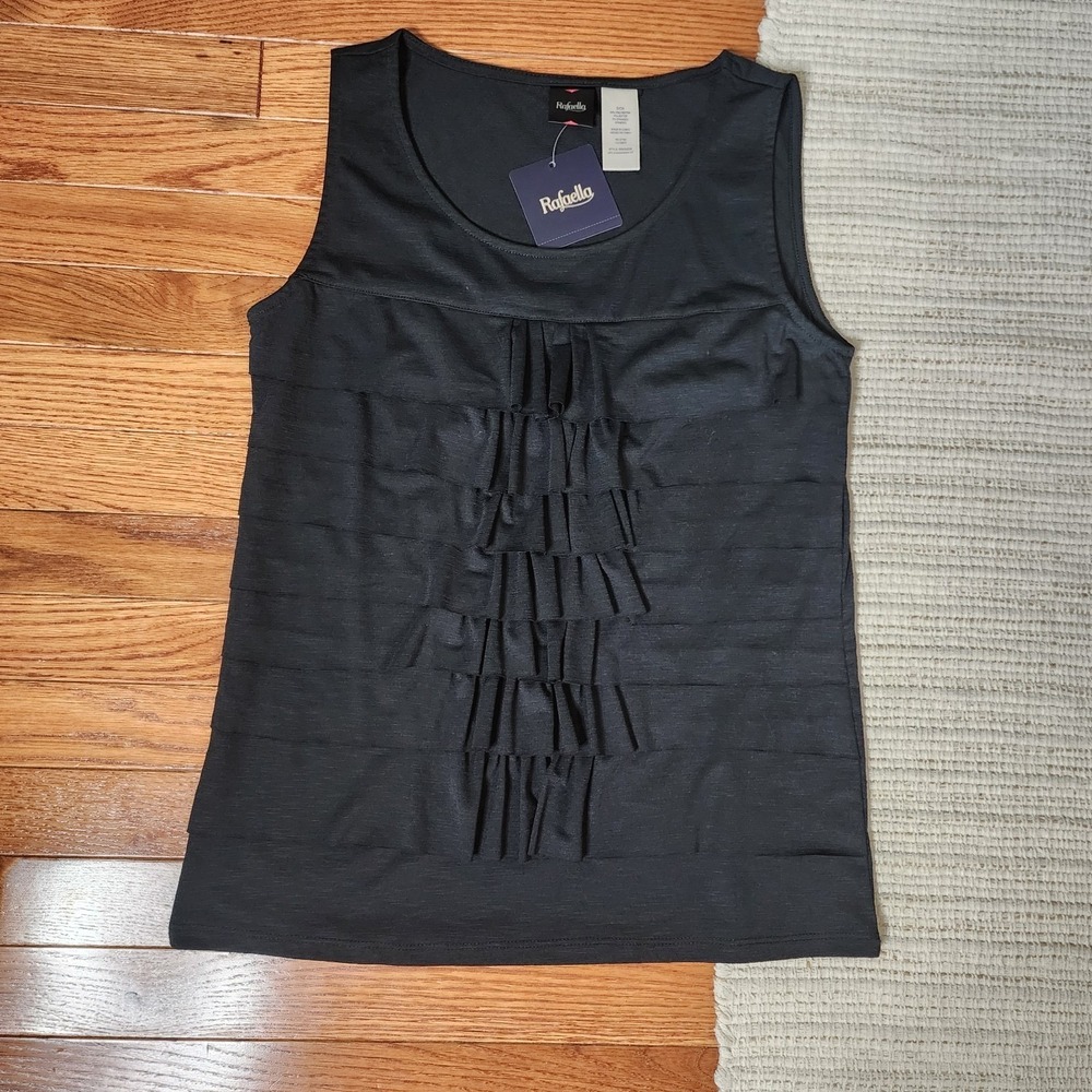 Rafaella Tank Top Black Scoop Neck Ruffles‎ Sleeveless Knit Stretch Small